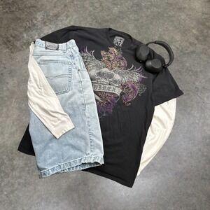 Avirex‎ Vintage Y2K Skull Wings Graphic T-Shirt Black Mens 2XL Boxy Grunge
